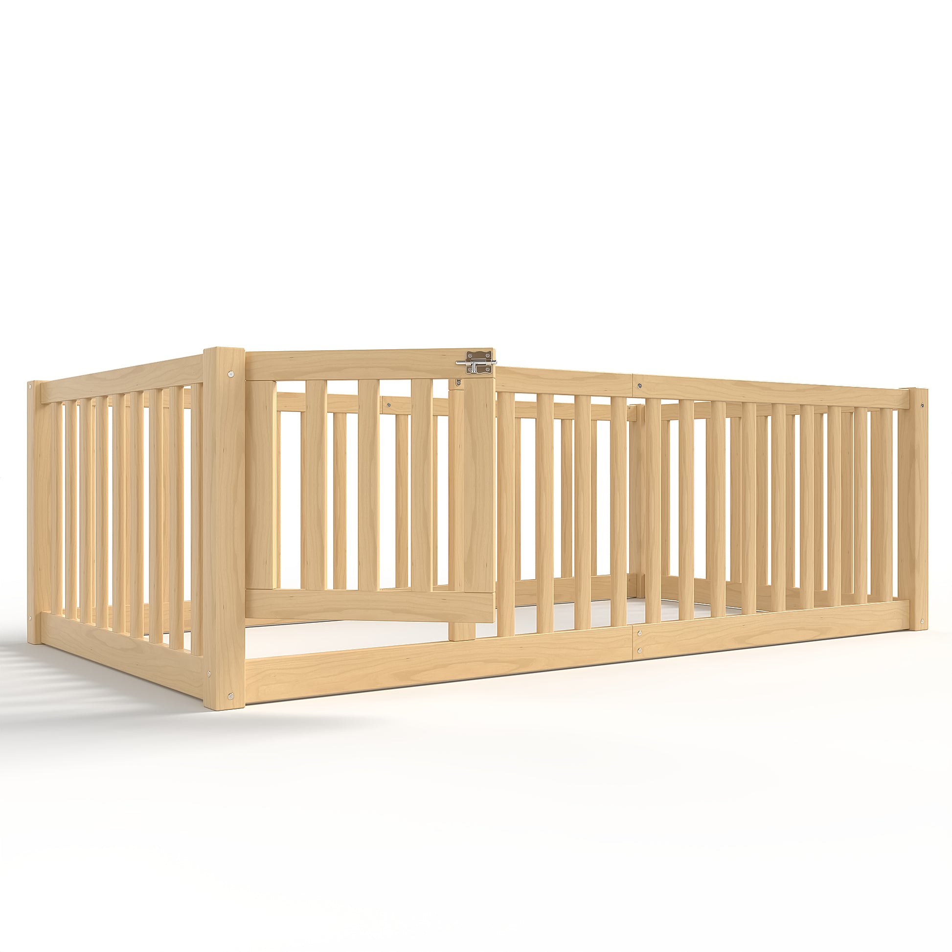variant-group:rf-w1580p417669|Roomfitters Twin Size Wooden Floor Bed with Safety Guardrails Door, Solid Wood Low Profile Toddler Bed Frame, Natural
