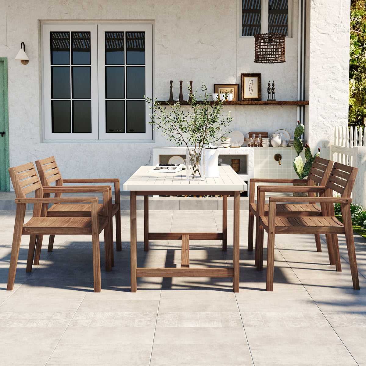 variant-group:rf-n711wy000477aad|Roomfitters Farmhouse 5-Piece Outdoor Dining Set for 4, 59-Inch Rectangular Table, Umbrella Hole, Light Grey Acacia