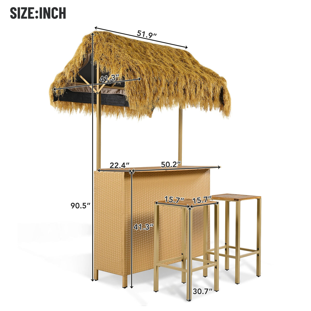 Roomfitters Bar Height Patio Set with PE Grass Canopy, Outdoor Bar Table and Stools, Hawaiian-style Acacia Wood Top, Natural Roomfitters