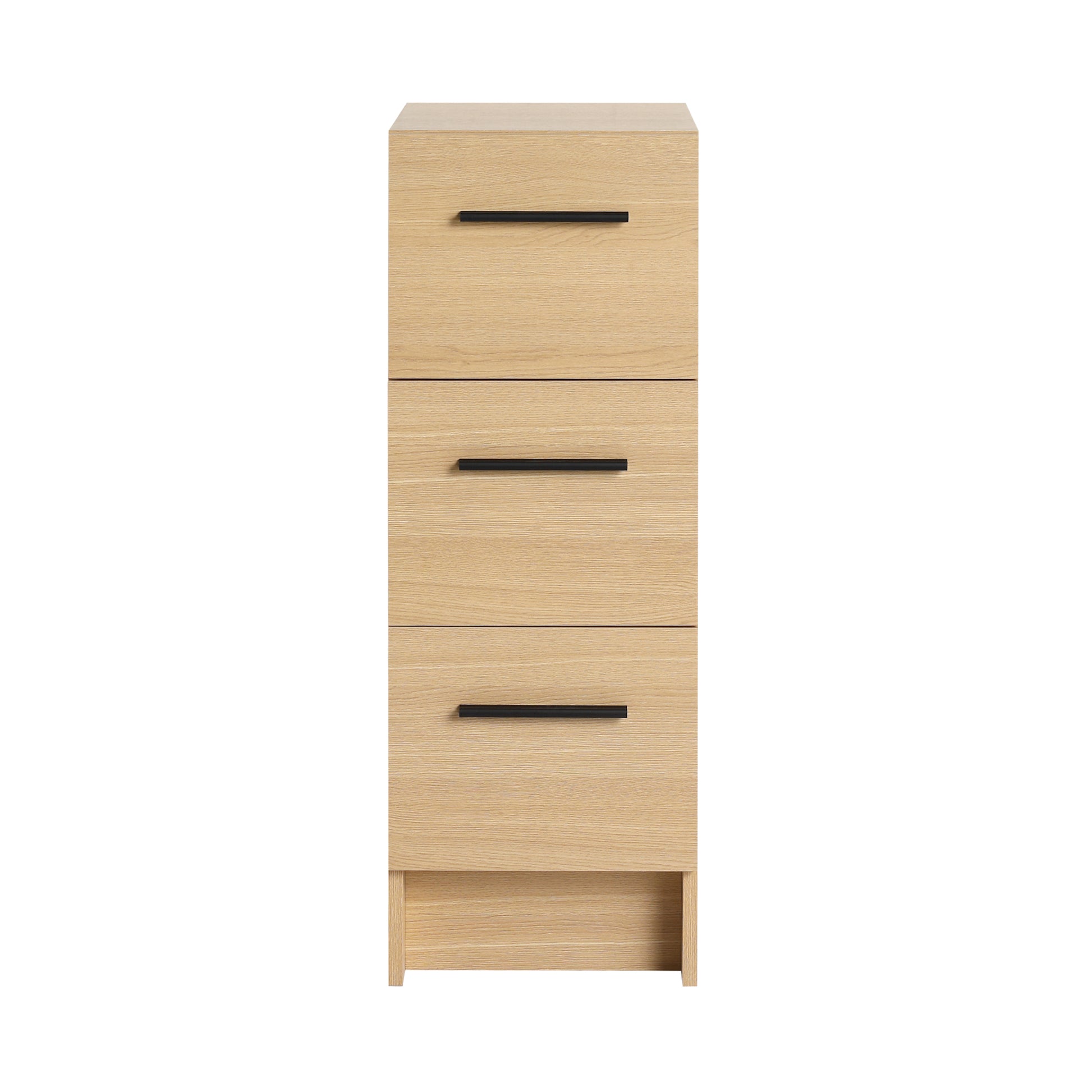 12" Slim Freestanding Bathroom Storage Cabinet, Light Oak, 3 Drawers, Narrow Space Saver Organizer, KD, Includes Black & Brushed Aluminum Handles