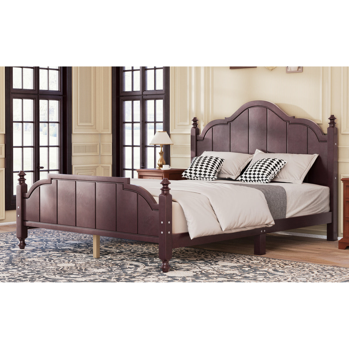 variant-group:rf-n733p360940p|Roomfitters Queen Wood Platform Bed Frame with Curved Headboard, Vintage Style Slat Support, No Box Spring Required, Espresso