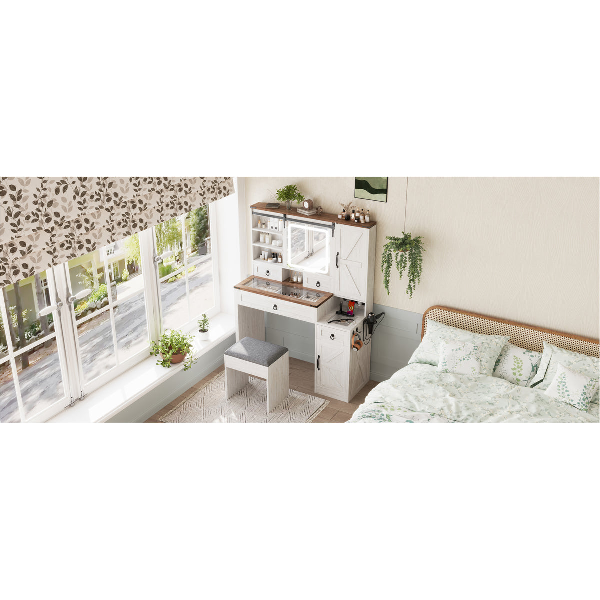 variant-group:rf-n733p340562k|Roomfitters Farmhouse Vanity Desk with Sliding Mirror & Lights, Glass Top, Charging Station, 4 Drawers, 2 Cabinets, Stool, White