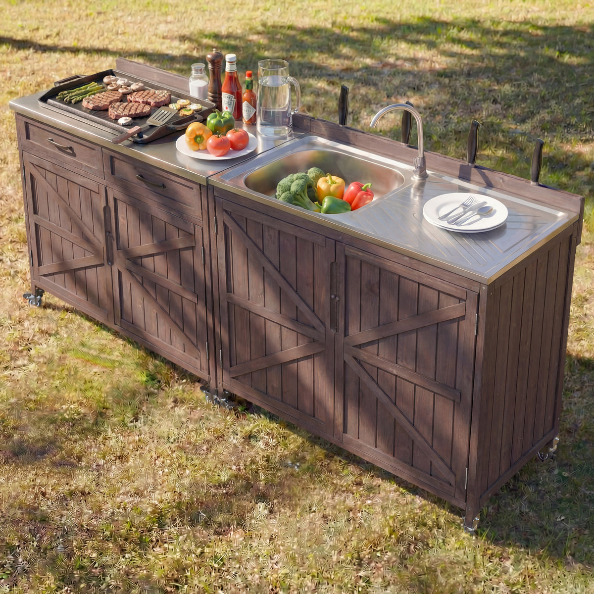variant-group:rf-n707s000024z|Roomfitters 2-Piece Outdoor Grill Cart with Stainless Steel Top, Sink and Faucet, BBQ Prep Station, Dark Brown