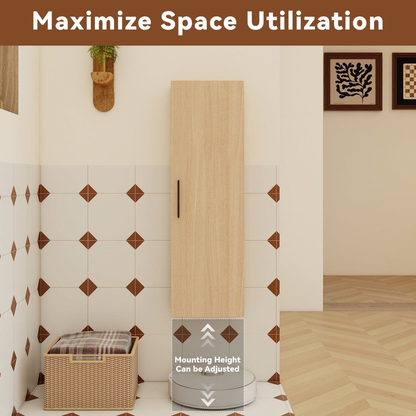 12" Tall Floating Bathroom Side Cabinet, Light Oak Plywood Linen Cabinet, Wall-Mounted Single Door Storage with Black/Aluminum Handles Roomfitters