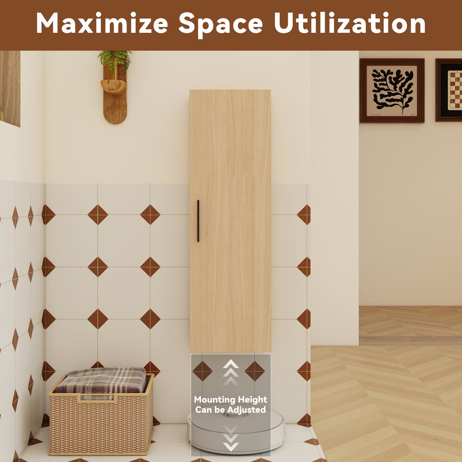 12" Tall Floating Bathroom Side Cabinet, Light Oak Plywood Linen Cabinet, Wall-Mounted Single Door Storage with Black/Aluminum Handles Roomfitters