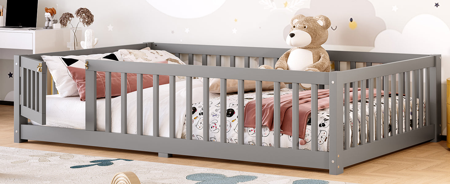 variant-group:rf-w1580p338951|Roomfitters Wooden Full Floor Bed Frame with Door & Safety Guardrails, Low Platform Design for Bedroom or Playroom, Gray