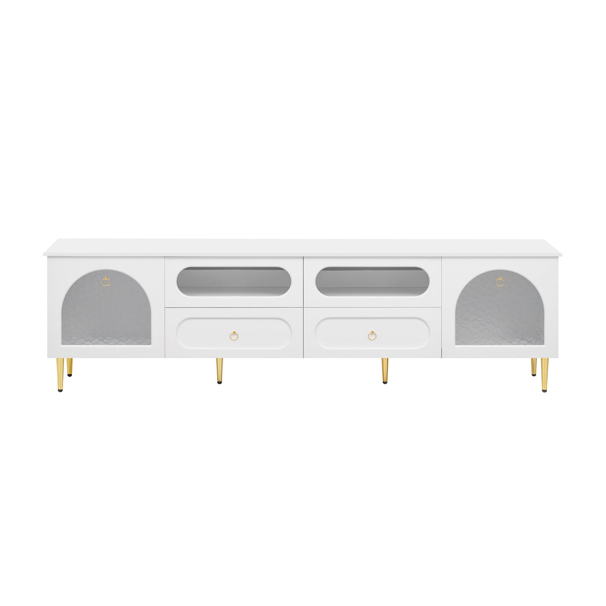 Roomfitters Retro TV Stand for up to 85 Inch TV, Media Console Cabinet with Drawers, Cabinets and Metal Legs, White Roomfitters
