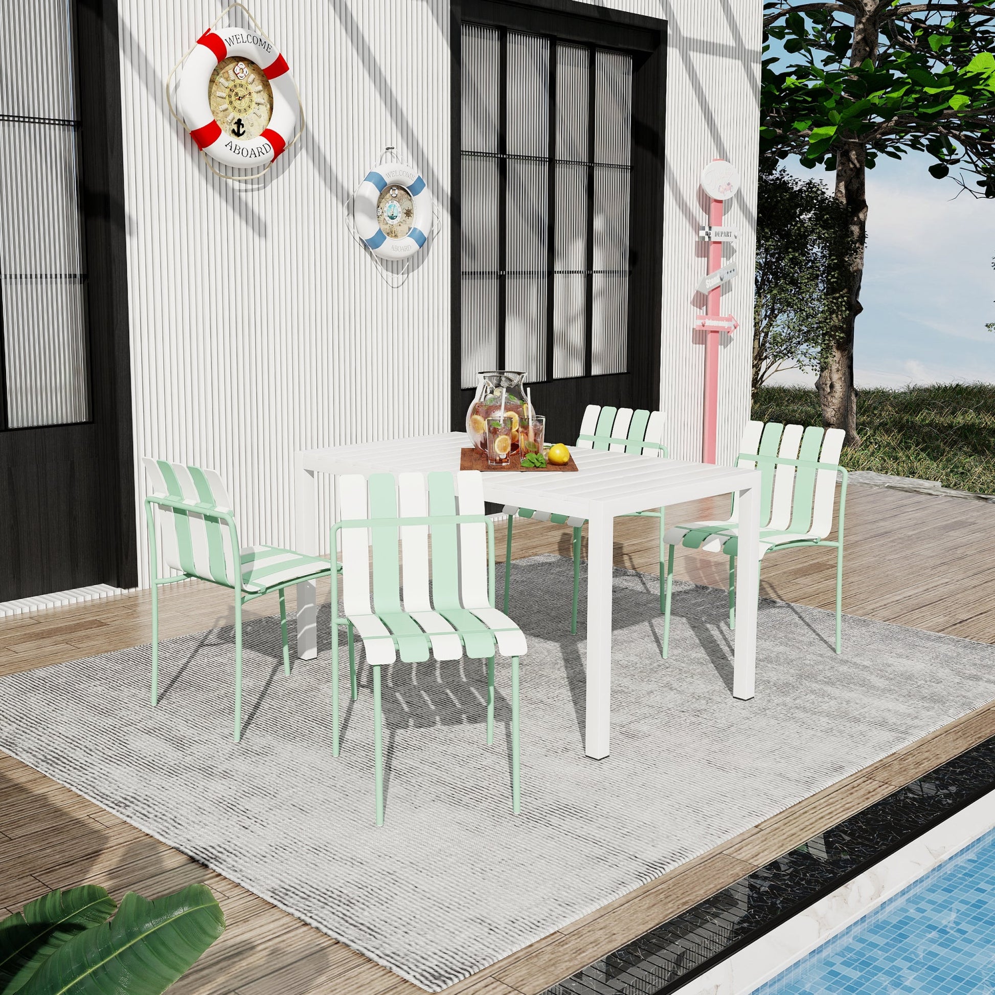 Summer- 4-Pack Modern Striped Color Block Chairs - Waterproof PP Seat & Sturdy Metal Legs, Indoor/Outdoor Dining Set for Patio, Balcony, Café (White & Green) Roomfitters