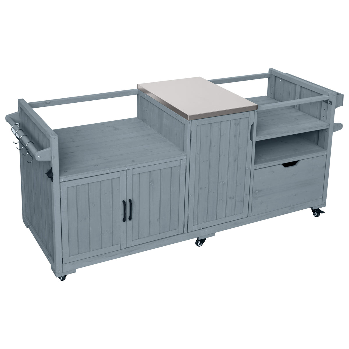 variant-group:rf-n707p392140g|Roomfitters 80.5" Extra Large Grill Cart, Outdoor Kitchen Prep Station with Stainless Steel Top & Kamado Grill Stand, Grey+Blue
