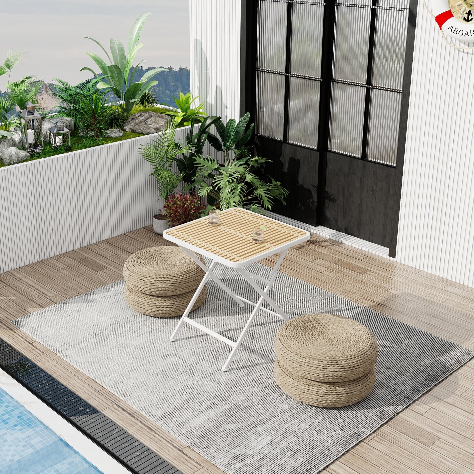 Summer - Modern folding square table- indoor and outdoor multi-functional table- polypropylene tabletop with metal legs, suitable for dining rooms, living rooms, gardens, terraces, etc. (White, khaki) Roomfitters