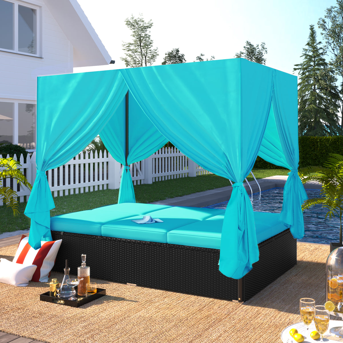 variant-group:rf-n711wy000476aac|Roomfitters Luxury Cabana Blue Outdoor Double Chaise Lounge Patio Daybed, Privacy Curtains, Adjustable Reclining
