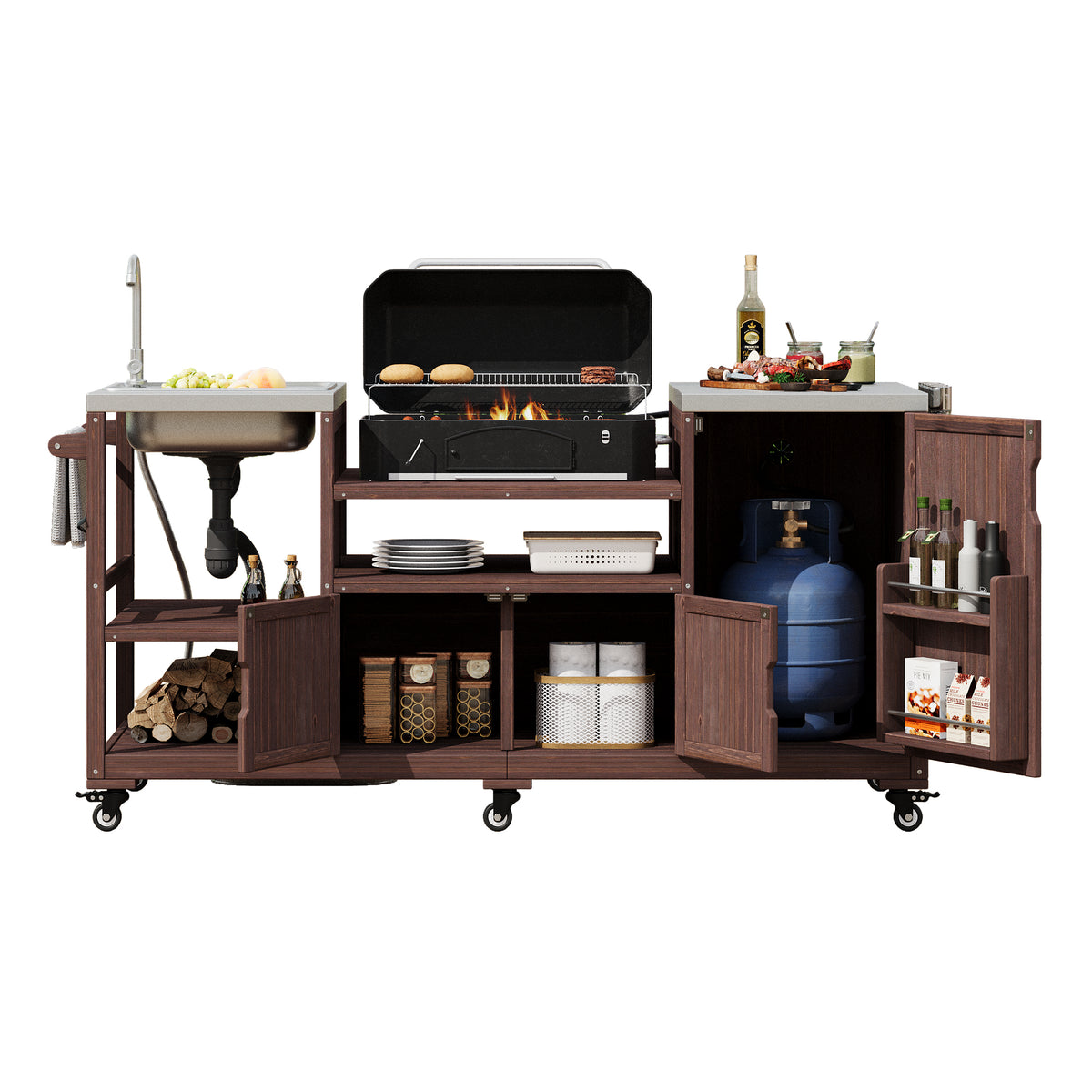 variant-group:rf-n707s000022z|Roomfitters 75.4" Outdoor Kitchen Island with Sink, Fir Wood Grill Cart for XL Green Egg & Tabletop Grills, Brown