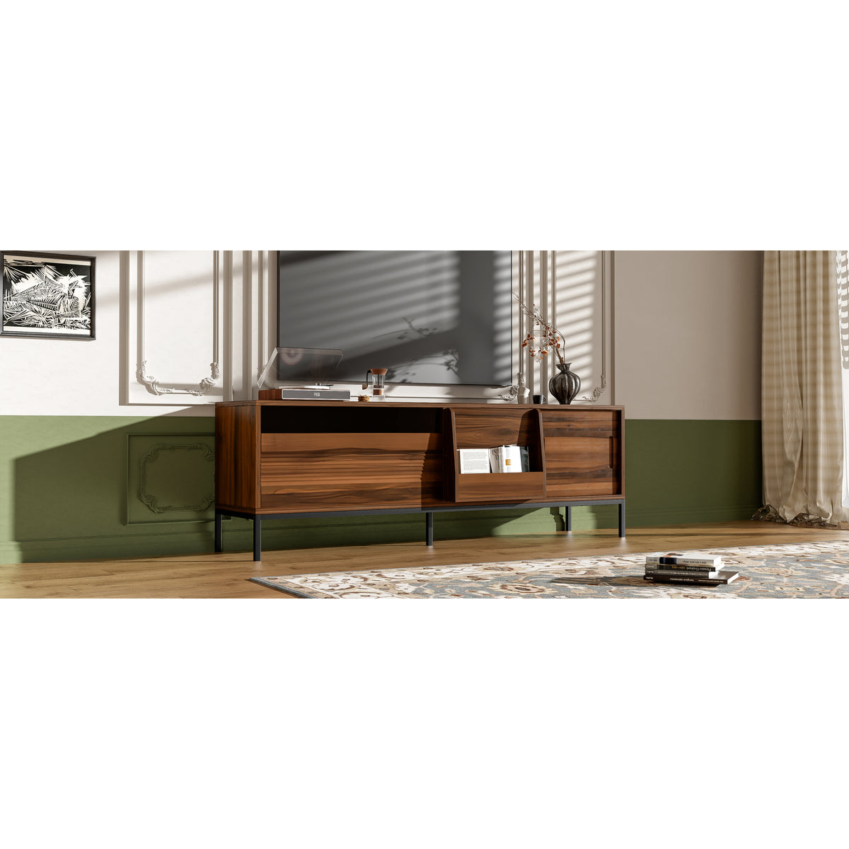 variant-group:rf-n724p360370d|Roomfitters Mid-Century Modern 70" TV Stand Console with Sliding Doors, Brown