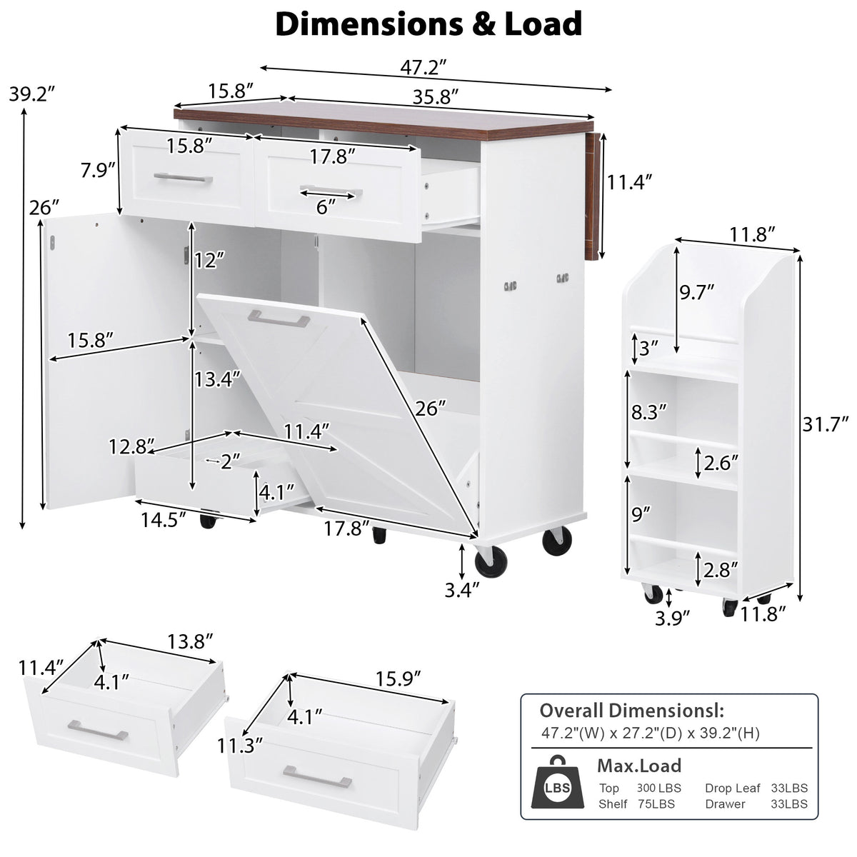 variant-group:rf-n707p307296w|Roomfitters 47.2" Farmhouse Kitchen Island with Drop Leaf, Tilt Trash Can Cabinet, Removable Mobile Side Racks, White
