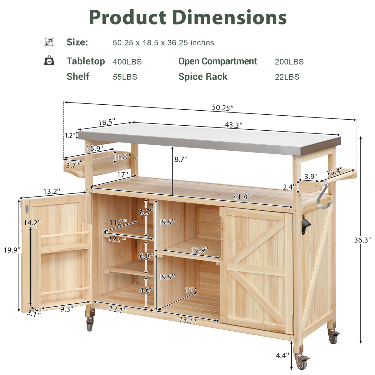 variant-group:rf-n707wf532198aay|Roomfitters Outdoor Kitchen Island Rolling Bar Cart & Storage Cabinet, Farmhouse Solid Wood Outdoor Grill Table with Stainless Steel Top, Spice Rack, Towel Rack for Kitchen & Barbecue, Natural