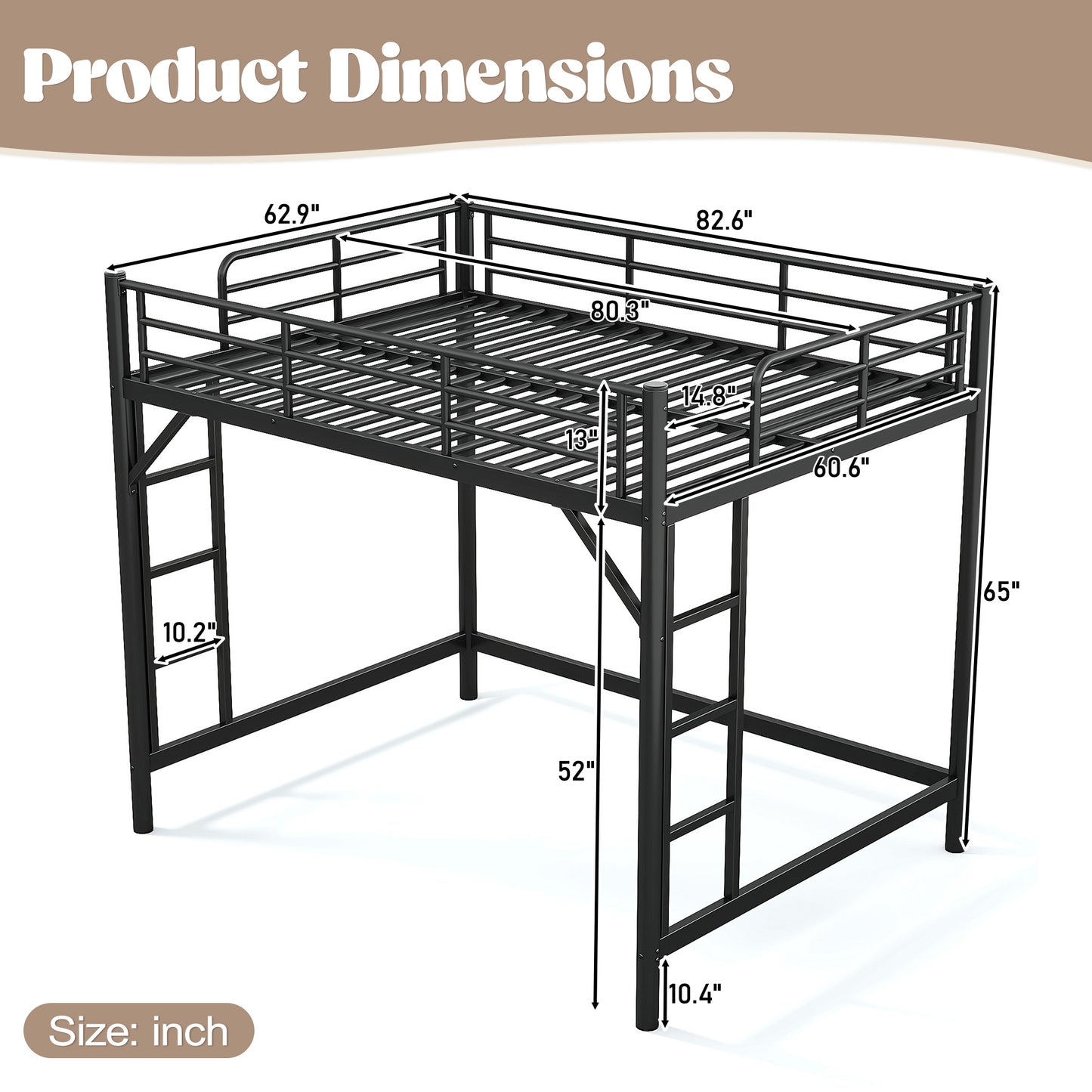 variant-group:rf-w1580p455017|Roomfitters Queen Size Metal Loft Bed Frame with Guardrails, Heavy Duty Space Saving High Loft Bed Dual Ladders, Black