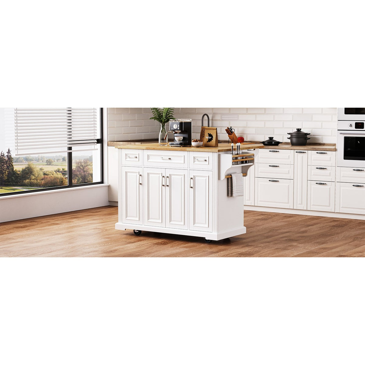 variant-group:rf-n707s195395w|Roomfitters 54" Kitchen Island with Wood Top, Rolling Storage Cabinet with 3 Drawers and 3 Doors, Spice Rack, White