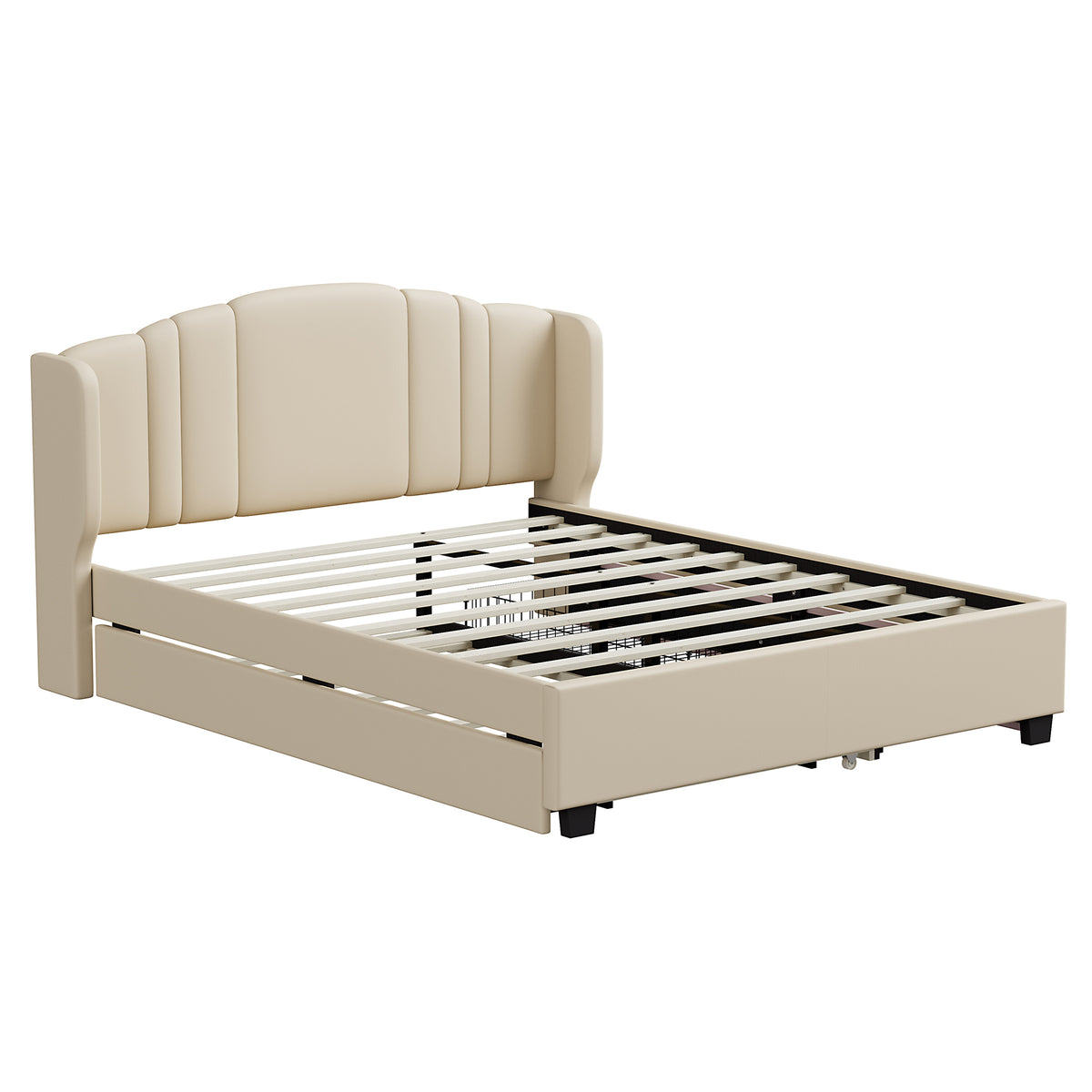 variant-group:rf-n733s208132a|Roomfitters Twin Size Trundle Upholstered Platform Bed with Wingback Headboard and 2 Drawers, No Box Spring Needed, Linen Fabric, Queen Size, Beige