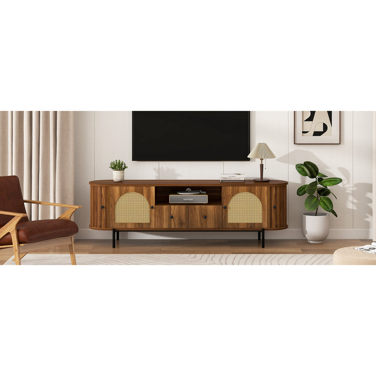 variant-group:rf-n724p437189m|Roomfitters American Style TV Stand with Rattan Arched Doors, Steel Legs, Antique Brown