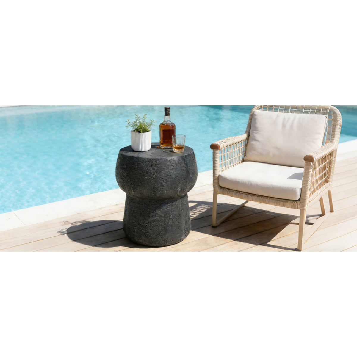 variant-group:rf-n711p422075b|Roomfitters Modern Black Double Barrel Patio Side Table, Distressed Concrete Coffee Table, MgO Garden Stool