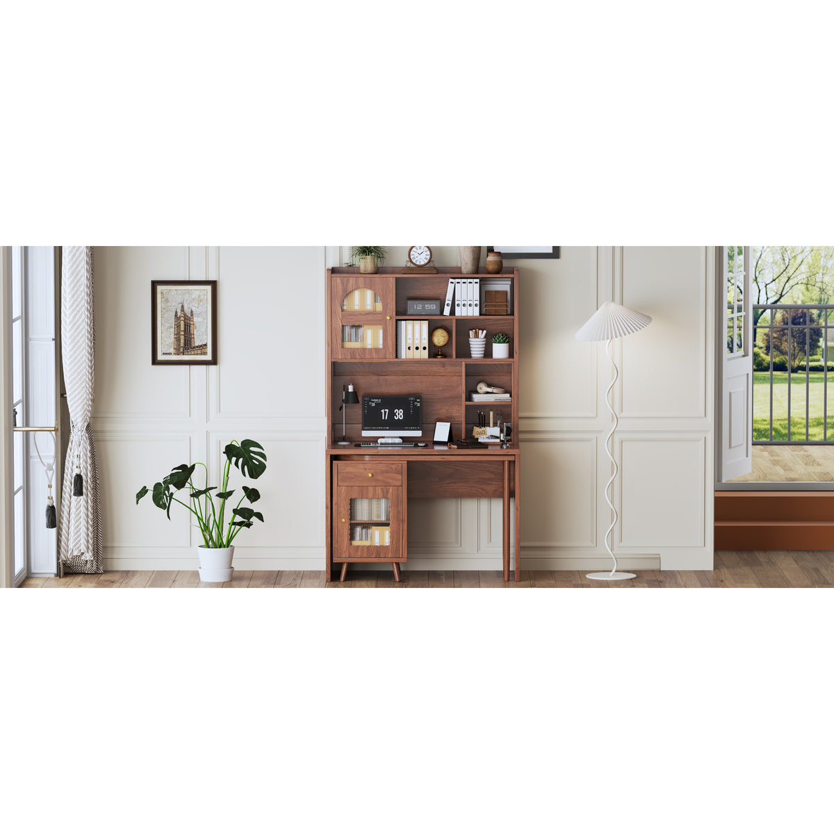 variant-group:rf-n733s363716d|Roomfitters Rotating L-Shaped Computer Desk with Shelves and Storage, 90° Swivel Office Writing Desk, Walnut