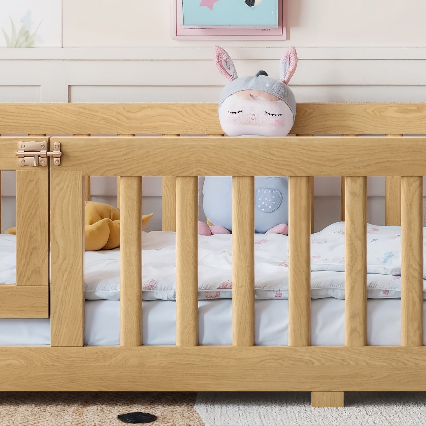 variant-group:rf-w1580p462314|Roomfitters Twin Size Wooden Floor Bed Frame with Safety Guardrails Door, Solid Wood Low Profile Toddler Play Bed, Natural