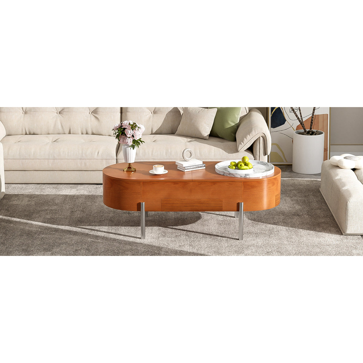 variant-group:rf-n724p228920d|Roomfitters Lift Top Oval Coffee Table with Rotating Marble Tray and Hidden Compartment, Brown