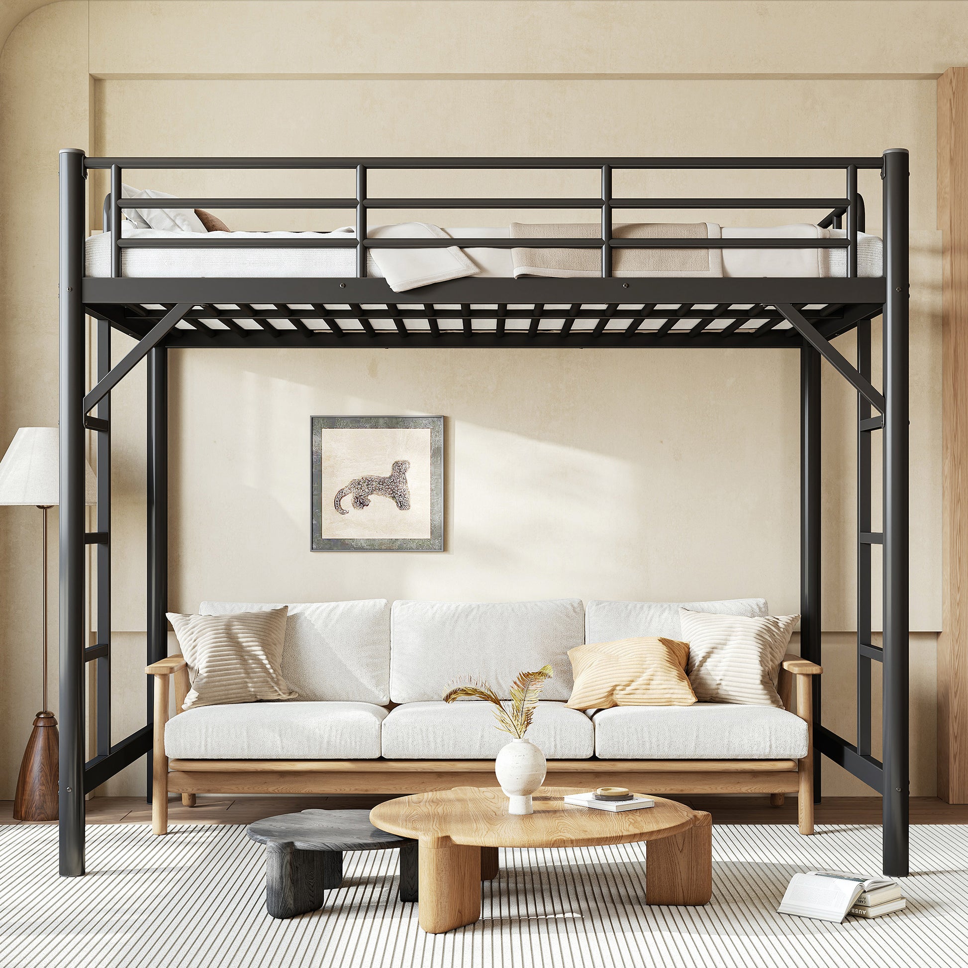 variant-group:rf-w1580p455013|Roomfitters Twin XL Size Metal Loft Bed Frame with Guardrails, Heavy Duty Space Saving High Loft Bed Dual Ladders, Black