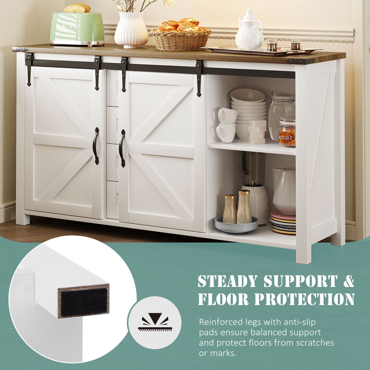 variant-group:rf-n711p347377k|Roomfitters 55.1" Storage Cabinet with 4 Drawers and Sliding Barn Doors, Farmhouse Sideboard Buffet for Kitchen & Dining, White