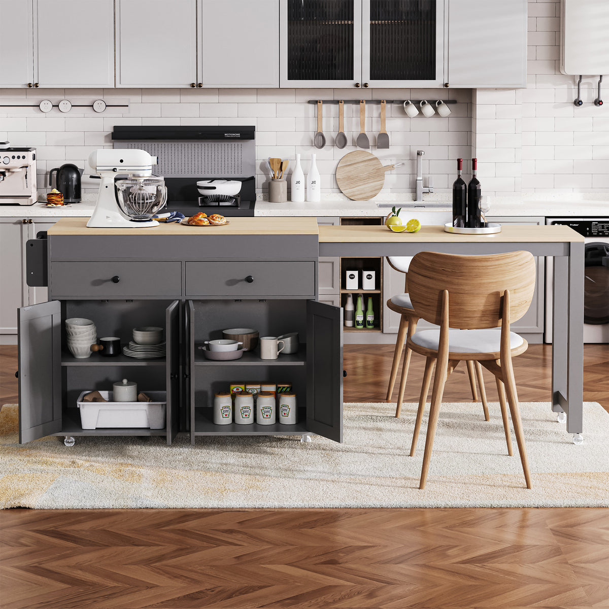 variant-group:rf-n707p333291g|Roomfitters 74.8" Rolling Kitchen Island with Extendable Dining Table, Mobile Cart with 4 Doors, 2 Drawers & Spice Rack, Grey