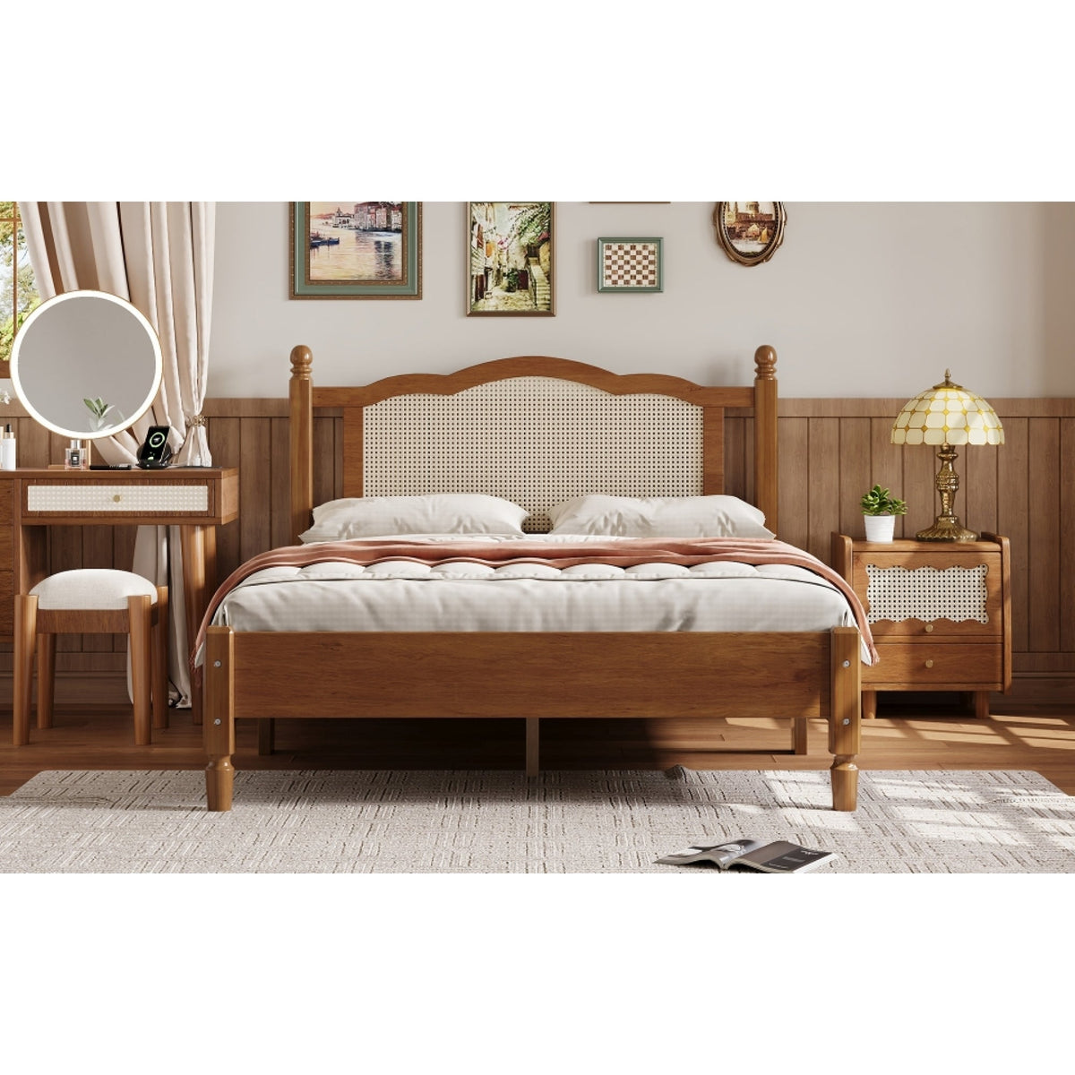 Roomfitters Full Size Wooden Platform Bed with Natural Rattan Headboard, Durable Vintage Bed Frame with Sturdy Wooden Slat Support for Rustic Sophistication, Walnut