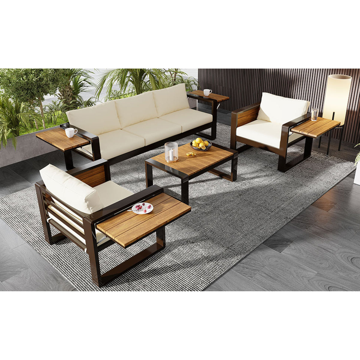 variant-group:rf-n704g201257a|Roomfitters 4-Piece Aluminum Patio Conversation Set with Four Fold-Out Side Trays and Slatted Coffee Table Beige