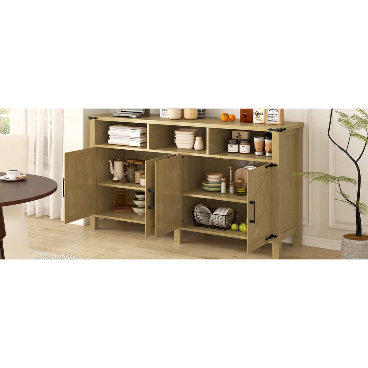 variant-group:rf-n711p347407o|Roomfitters 59" Sideboard Buffet Cabinet with 4 Door & Open Storage, Modern Farmhouse Industrial Coffee Bar Station, Natural
