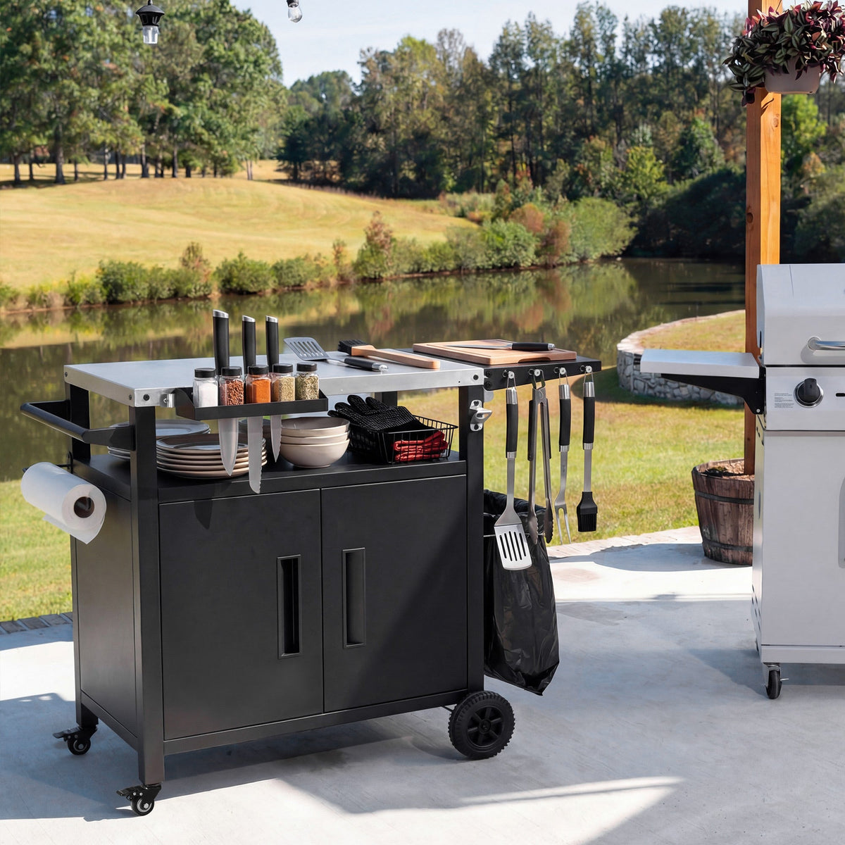 Roomfitters Grill Cart with Stainless Steel Top, Outdoor Kitchen Island, BBQ Prep Station with Trash Bag Holder and Hooks, Black