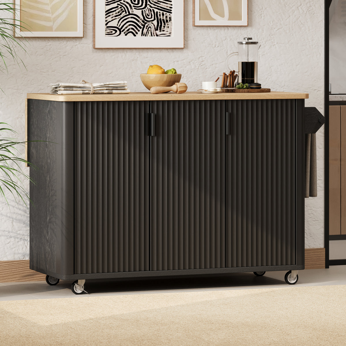 variant-group:rf-n707p221446b|Roomfitters 51" Fluted Kitchen Island with Drop Leaf, Rolling Cart with Storage Rack, Farmhouse Style, Towel Rack, Black