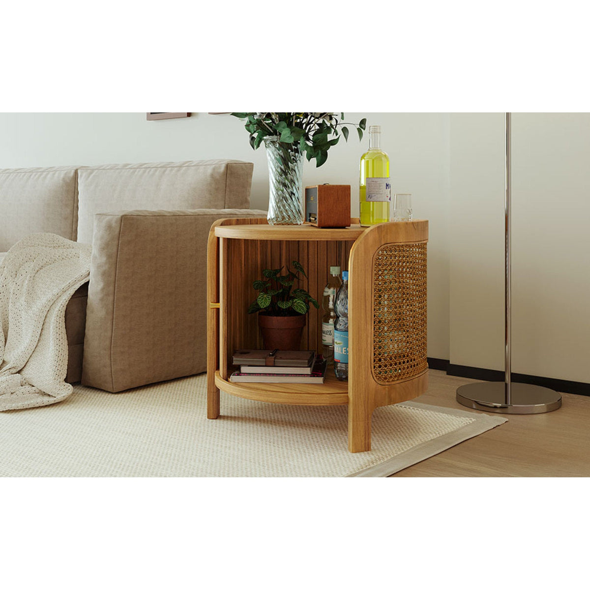 Roomfitters Modern Round Rotating Coffee Table with Woven PE Rattan Details, Antique Brown Roomfitters