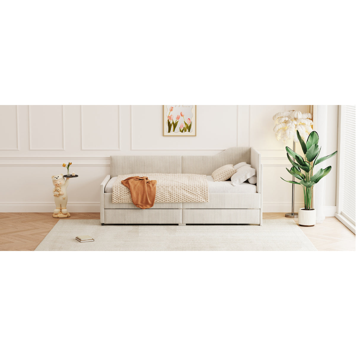 variant-group:rf-n733p171470a|Roomfitters Twin Size L-Shaped Corduroy Daybed, Upholstered Platform Bed Frame with 2 Convenient Storage Drawers for a Modern Touch, Beige