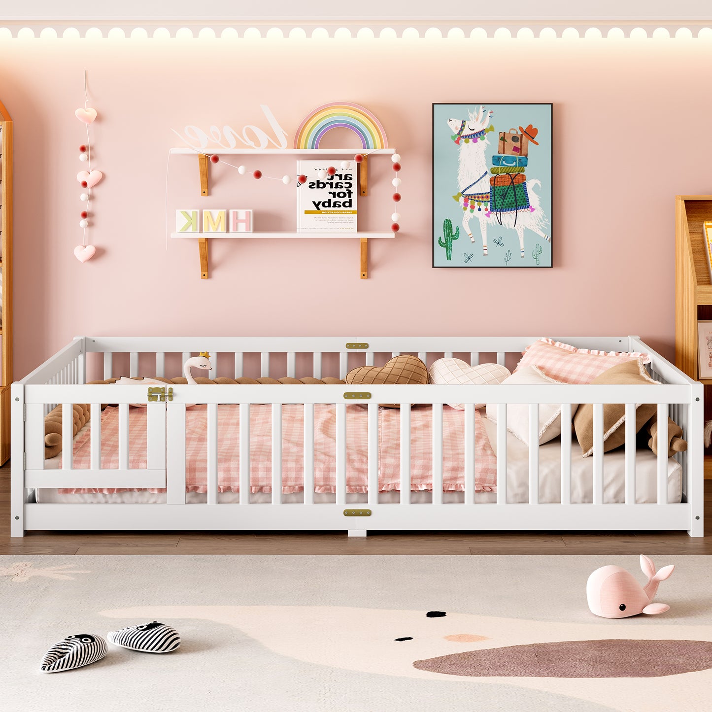 variant-group:rf-w1580p338953|Roomfitters Wooden Queen Floor Bed Frame with Door & Safety Guardrails, Low Platform Design for Bedroom or Playroom, White