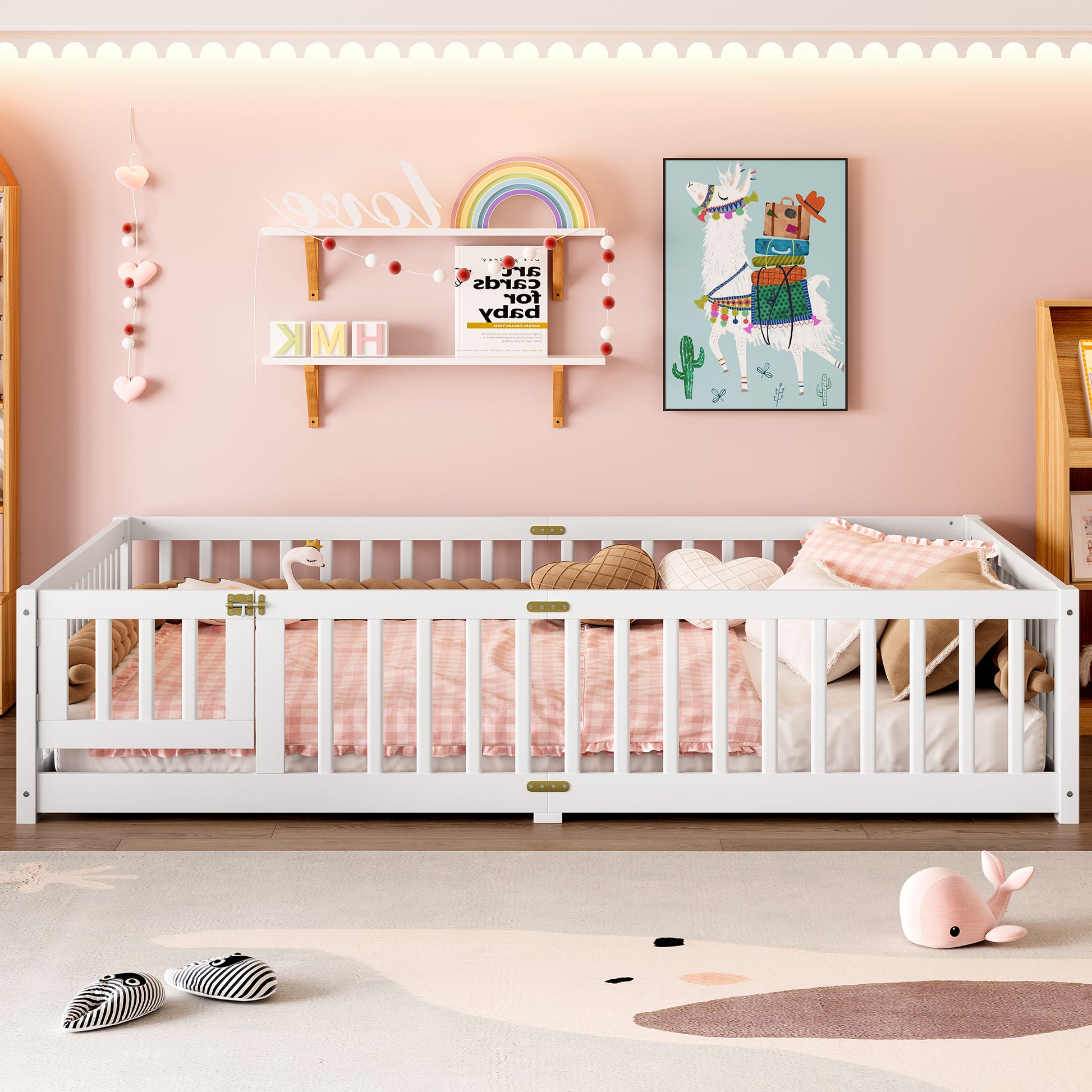 variant-group:rf-w1580p338953|Roomfitters Wooden Queen Floor Bed Frame with Door & Safety Guardrails, Low Platform Design for Bedroom or Playroom, White