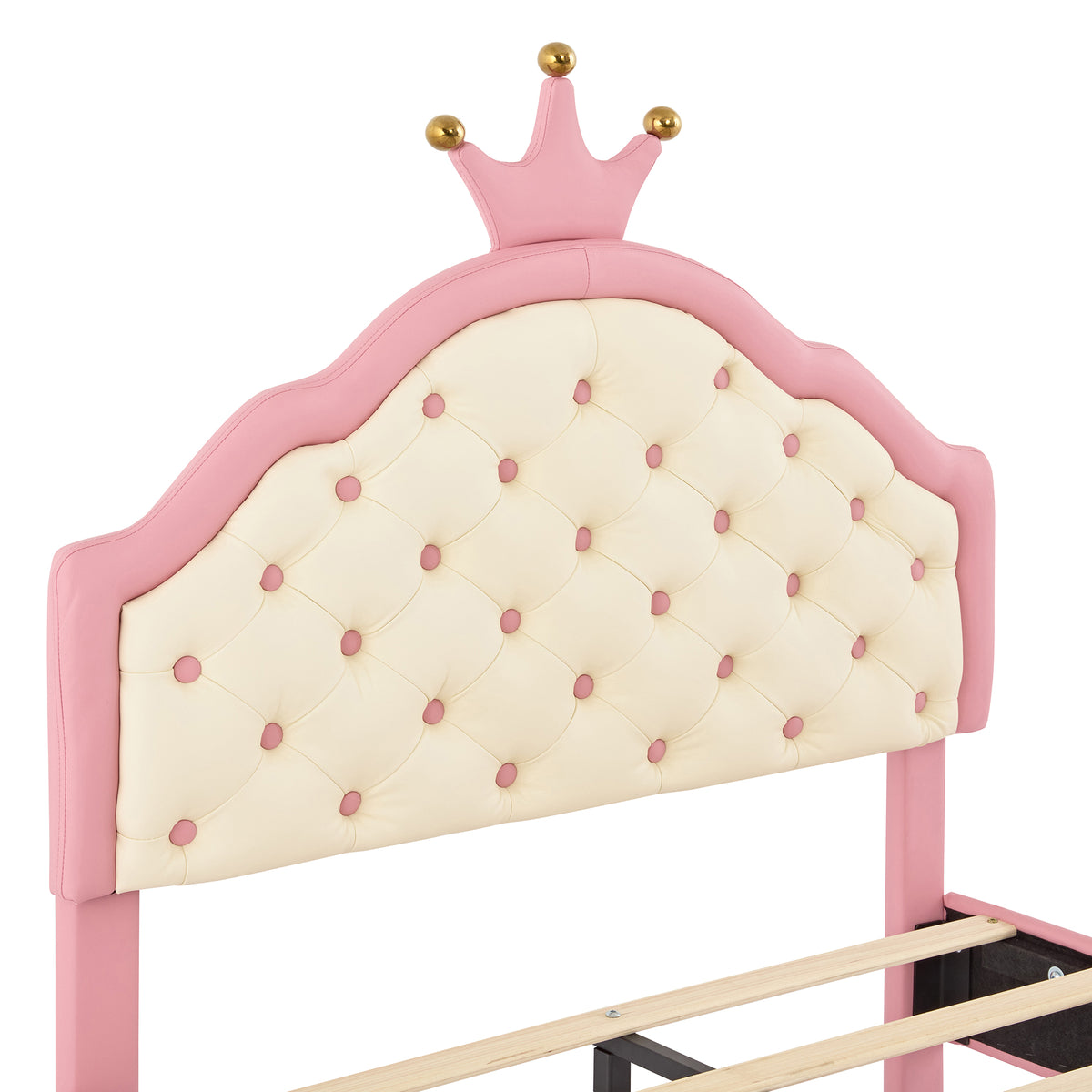 variant-group:rf-n733p198760h|Roomfitters Twin Size Upholstered Princess Bed with Crown Design, Elegant PU Leather Platform Bed with Tufted Headboard for a Stylish Bedroom, Pink + Cream