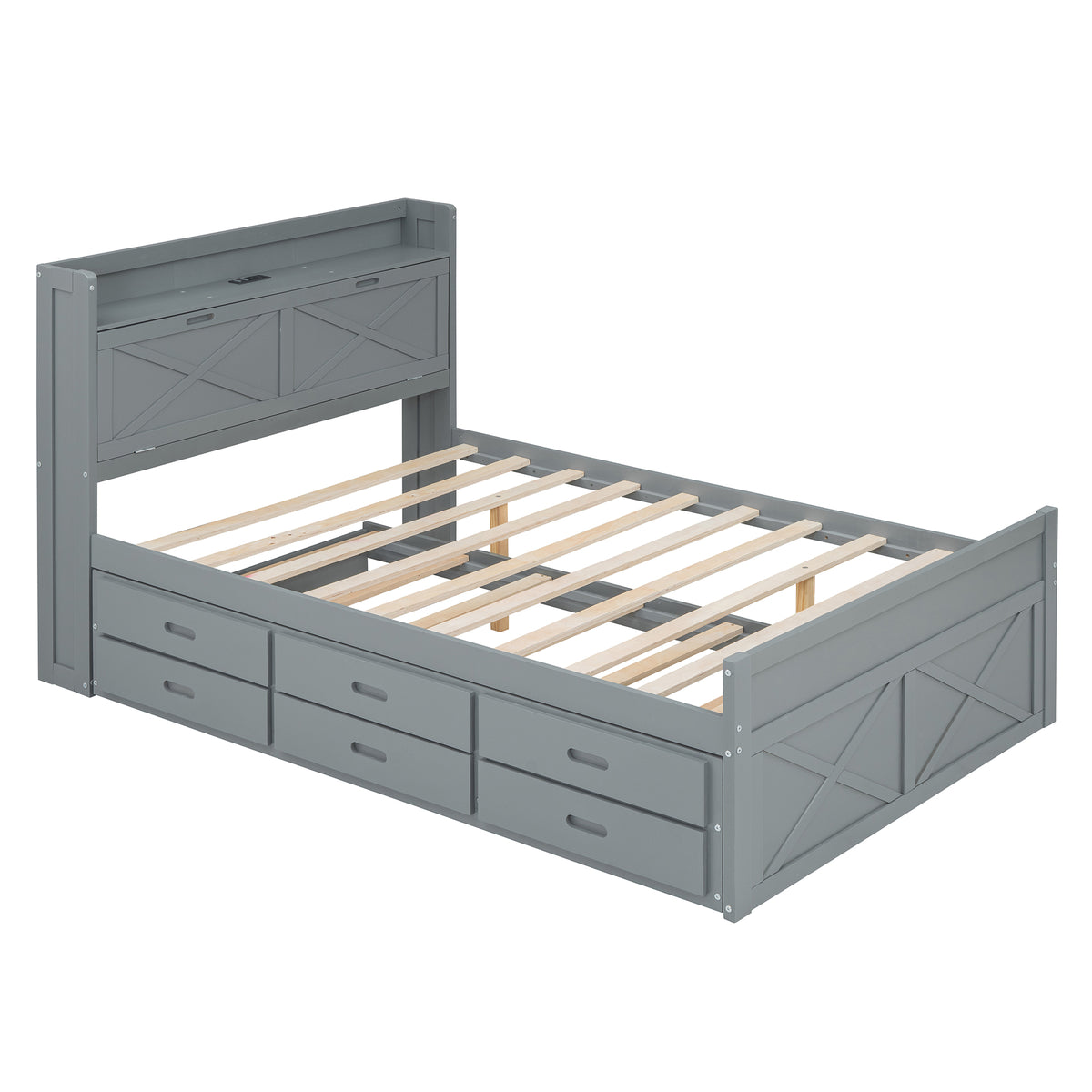 variant-group:rf-n733s172712e|Roomfitters Full Size Wooden Bed with Storage Headboard, Built-In Outlets, Extendable Design with Twin Trundle and Practical Storage, Gray