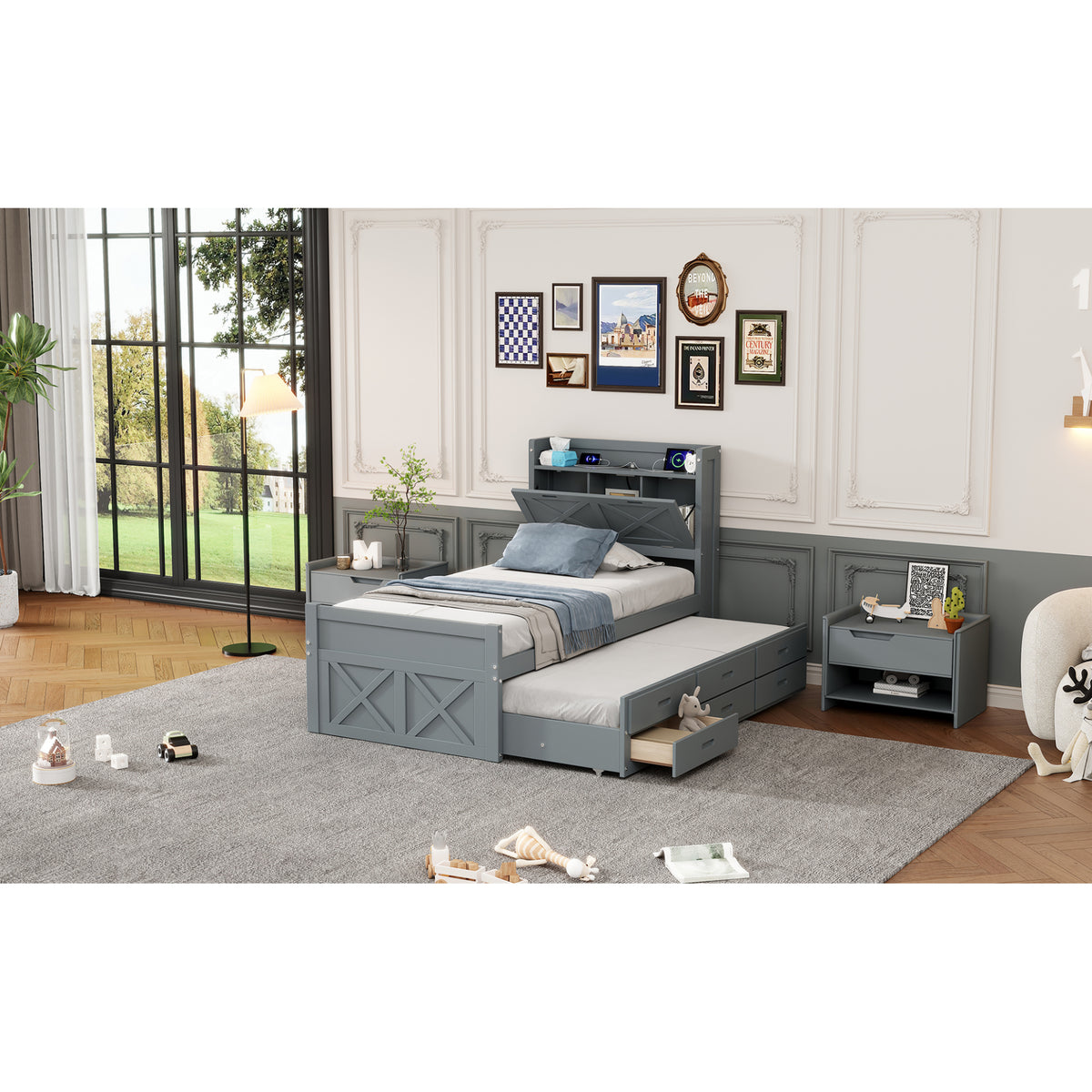 variant-group:rf-n733s172839e|Roomfitters Twin Size Wooden Bed with Storage Headboard, Convenient Outlets, Extendable Frame with Twin Trundle and Ample Storage, Gray