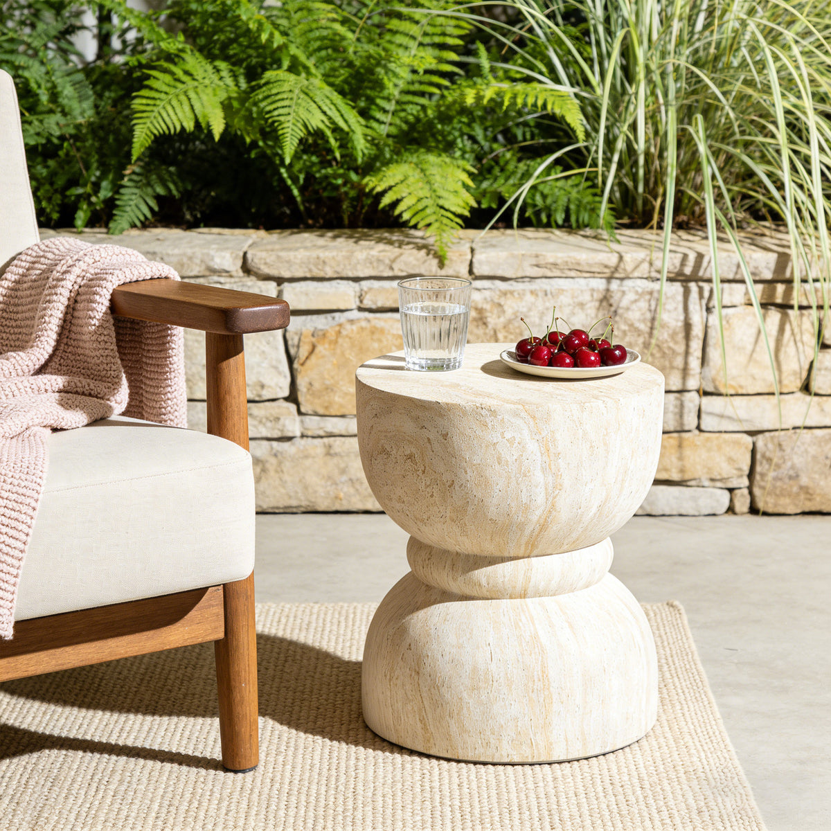 variant-group:rf-n711p422067m|Roomfitters Contemporary Yellow Travertine Concrete Side Table, Rounded Waist Outdoor End Table, MgO Stone Texture Stool