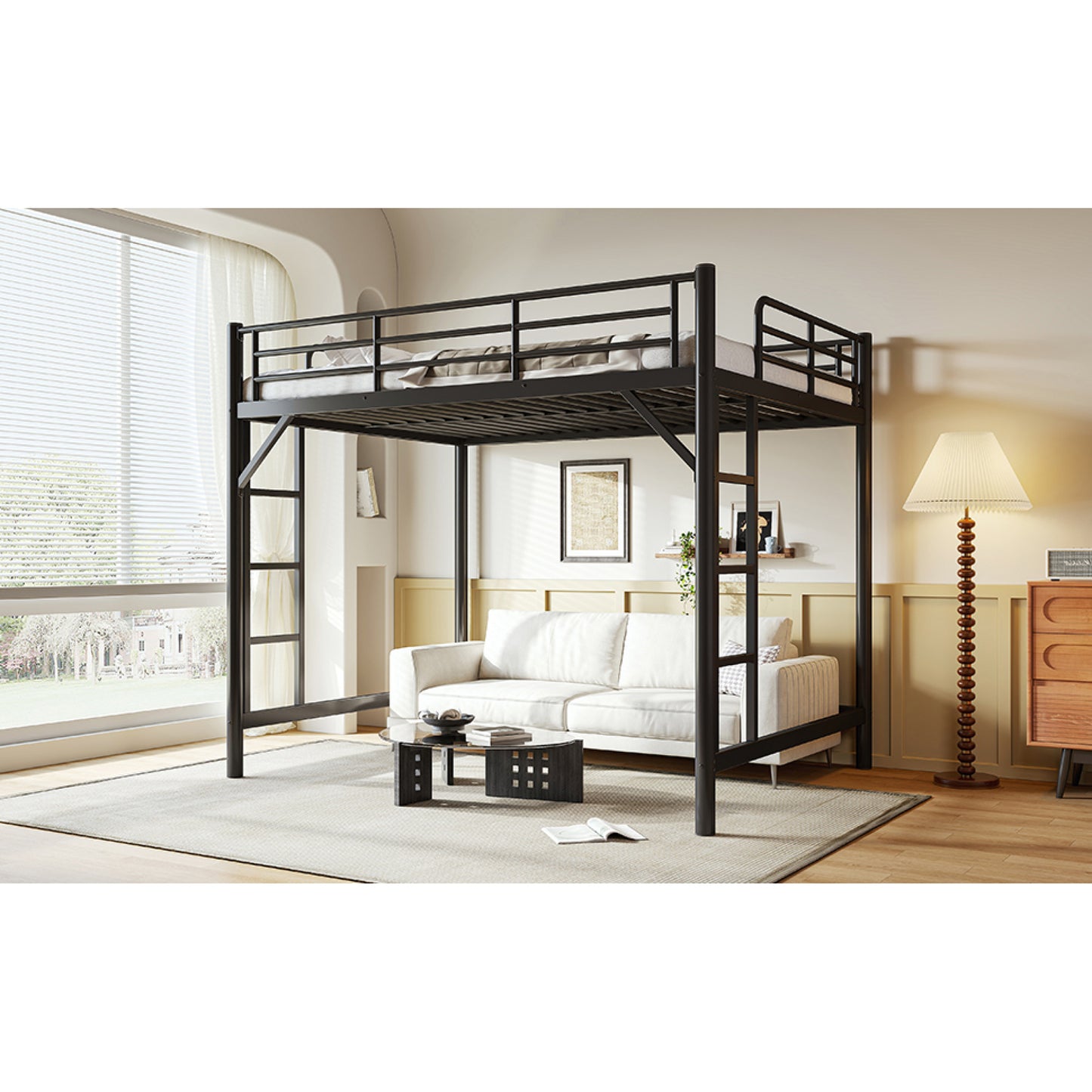 variant-group:rf-w1580p455017|Roomfitters Queen Size Metal Loft Bed Frame with Guardrails, Heavy Duty Space Saving High Loft Bed Dual Ladders, Black