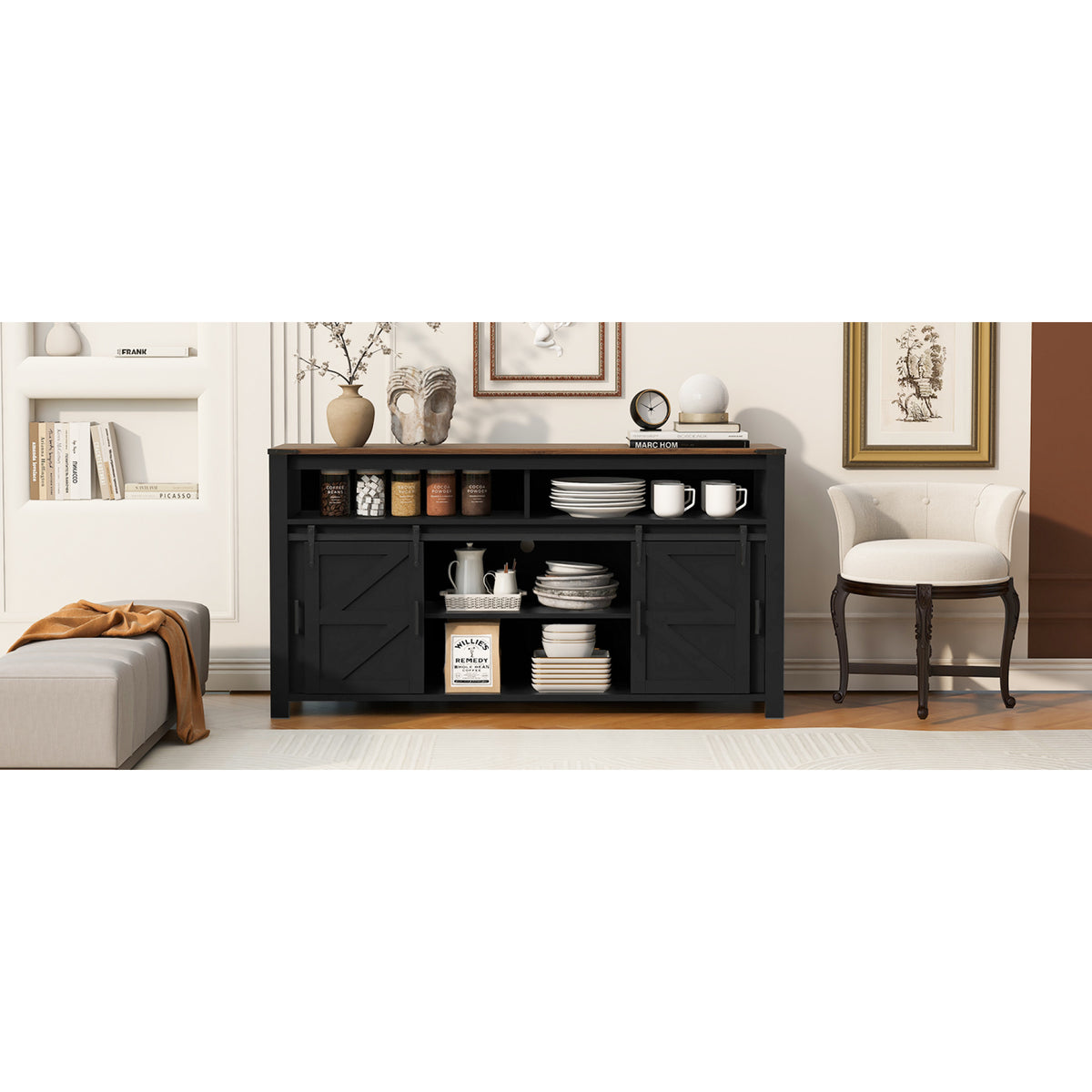 variant-group:rf-n711p347388b|Roomfitters 59.3" Sideboard Buffet Cabinet with Sliding Barn Doors, Modern Farmhouse Storage for Kitchen & Dining, Black