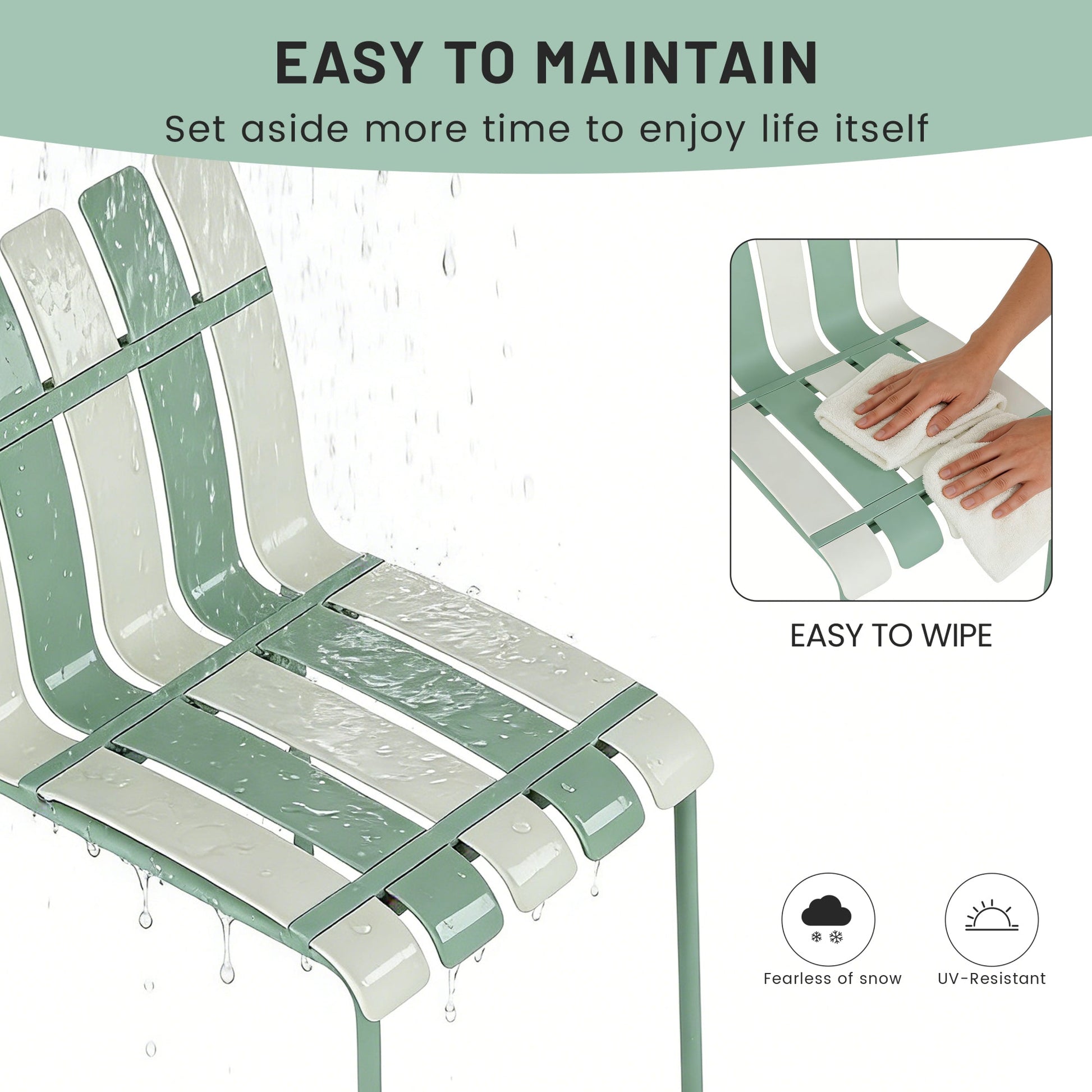 Summer- 4-Pack Modern Striped Color Block Chairs - Waterproof PP Seat & Sturdy Metal Legs, Indoor/Outdoor Dining Set for Patio, Balcony, Café (White & Green) Roomfitters