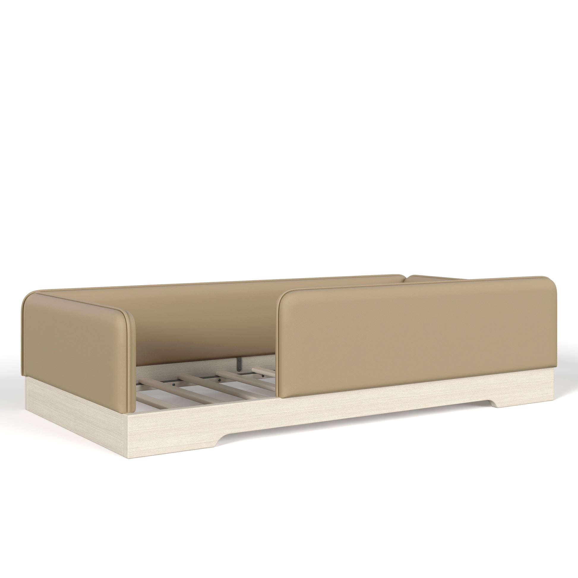 variant-group:rf-w1580p493126|Roomfitters Twin Size Upholstered Floor Bed Frame with Removable Guardrails, Faux Leather Low Profile Platform, Brown