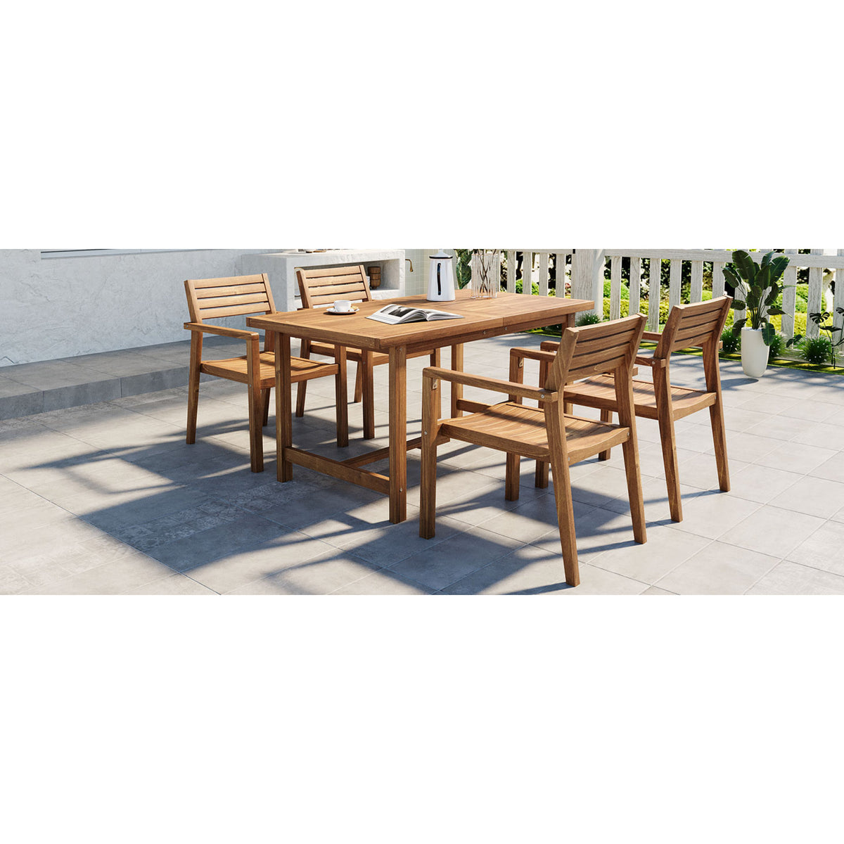 variant-group:rf-n711wy000477aao|Roomfitters Farmhouse 5-Piece Outdoor Dining Set for 4, 59-Inch Rectangular Table, Umbrella Hole, Natural Wood Patio