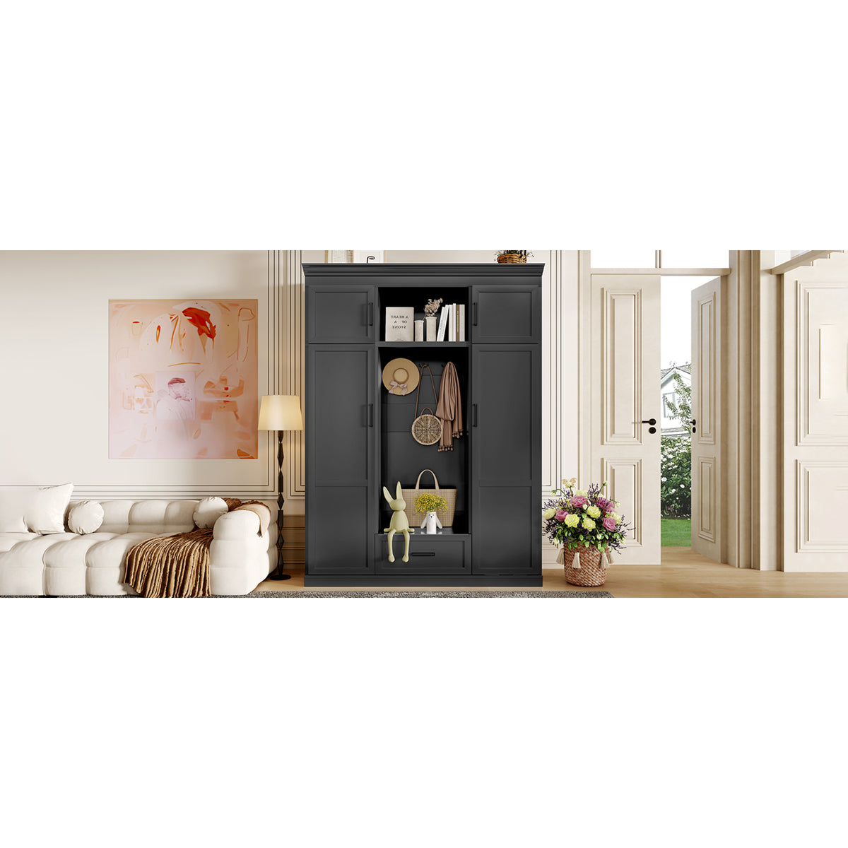 variant-group:rf-n724sj000140aab|Roomfitters 85.2" Hall Tree with Bench, 3 Hooks, 4 Doors, 1 Drawer and Adjustable Storage Shelves, Black