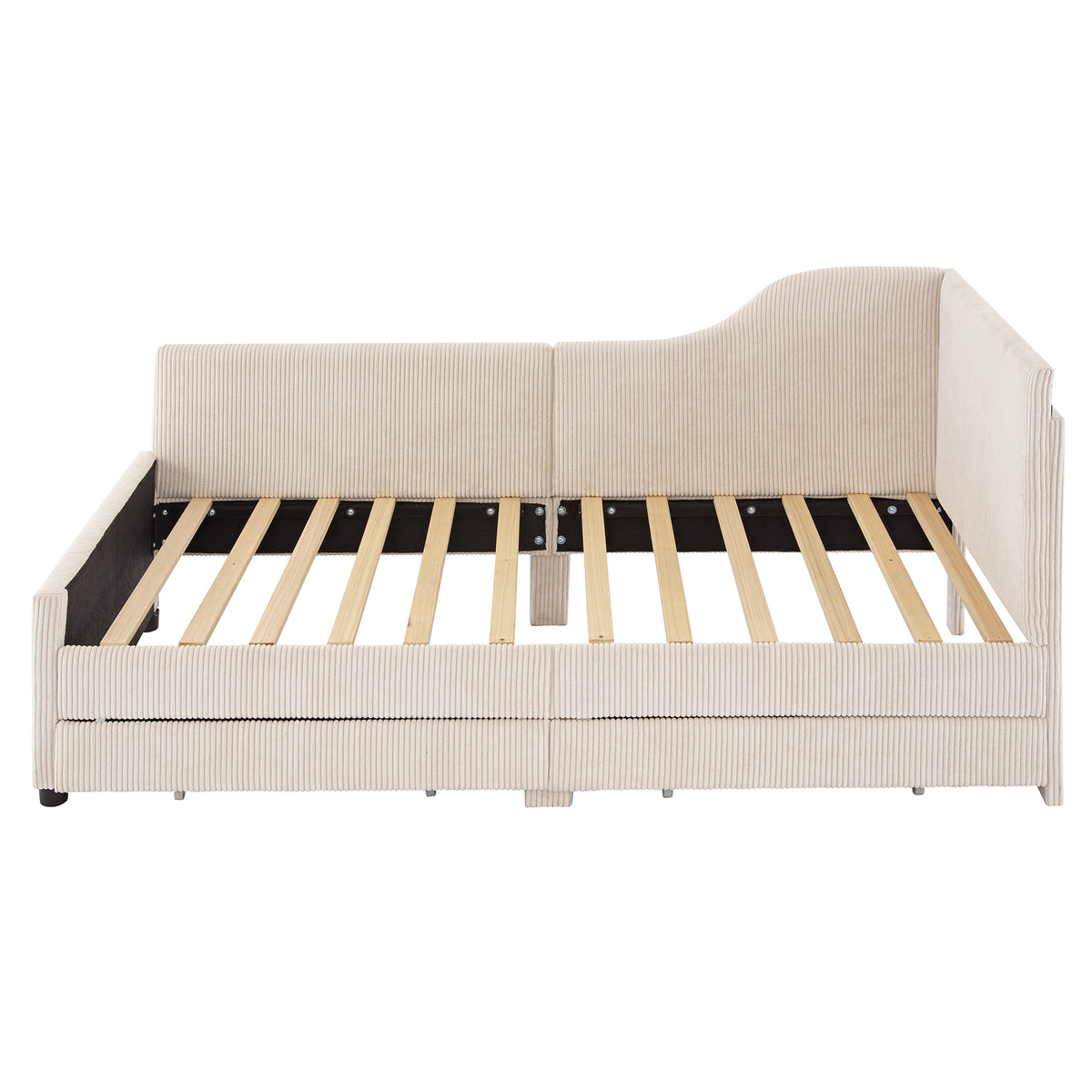 variant-group:rf-n733p171470a|Roomfitters Twin Size L-Shaped Corduroy Daybed, Upholstered Platform Bed Frame with 2 Convenient Storage Drawers for a Modern Touch, Beige